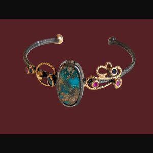 Artisan Made 925 Sterling Two Tone Turquoise Topaz Ruby Size 7.25" Bracelet